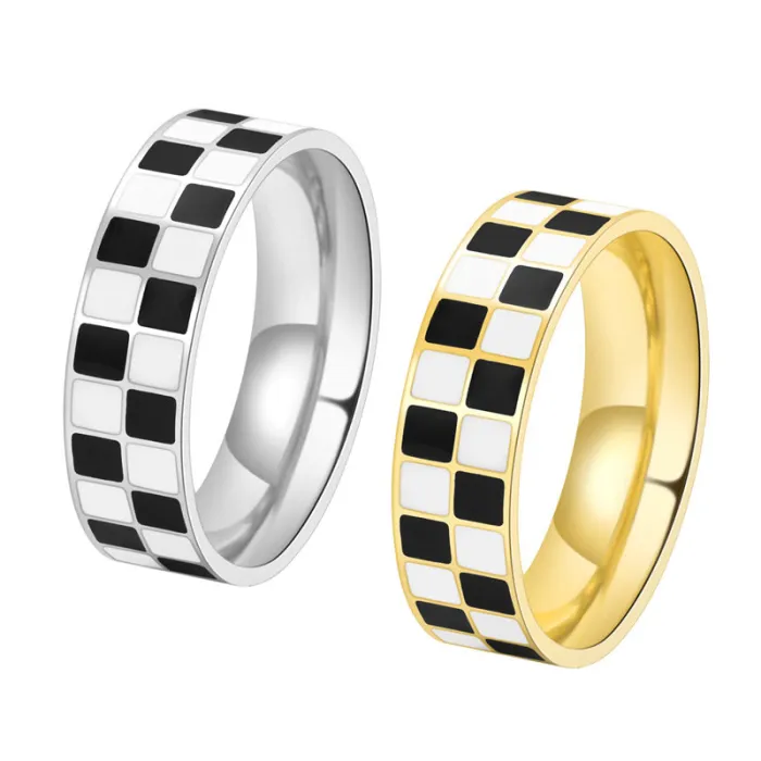 Wholesale 18K Gold Plated Titanium Steel Checkerboard Ring | Women’s Sweet Cool Jewelry Factory Price