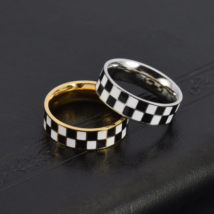 Wholesale 18K Gold Plated Titanium Steel Checkerboard Ring | Women’s Sweet Cool Jewelry Factory Price