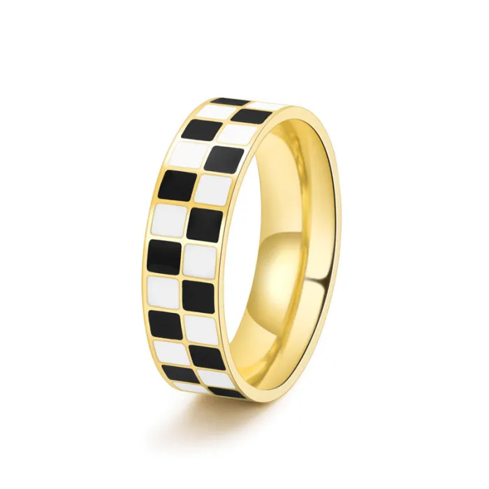 Wholesale 18K Gold Plated Titanium Steel Checkerboard Ring | Women’s Sweet Cool Jewelry Factory Price