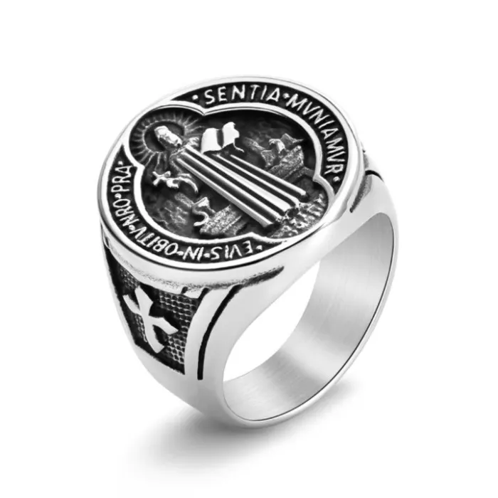 Wholesale Titanium Steel St. Benedict Cross Ring for Men | Gold Plated Hip Hop Jewelry Factory Price