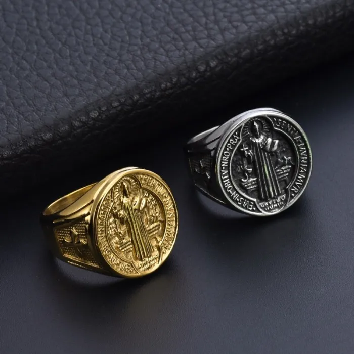Wholesale Titanium Steel St. Benedict Cross Ring for Men | Gold Plated Hip Hop Jewelry Factory Price