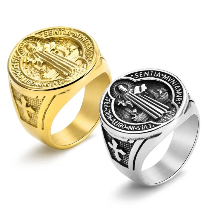 Wholesale Titanium Steel St. Benedict Cross Ring for Men | Gold Plated Hip Hop Jewelry Factory Price
