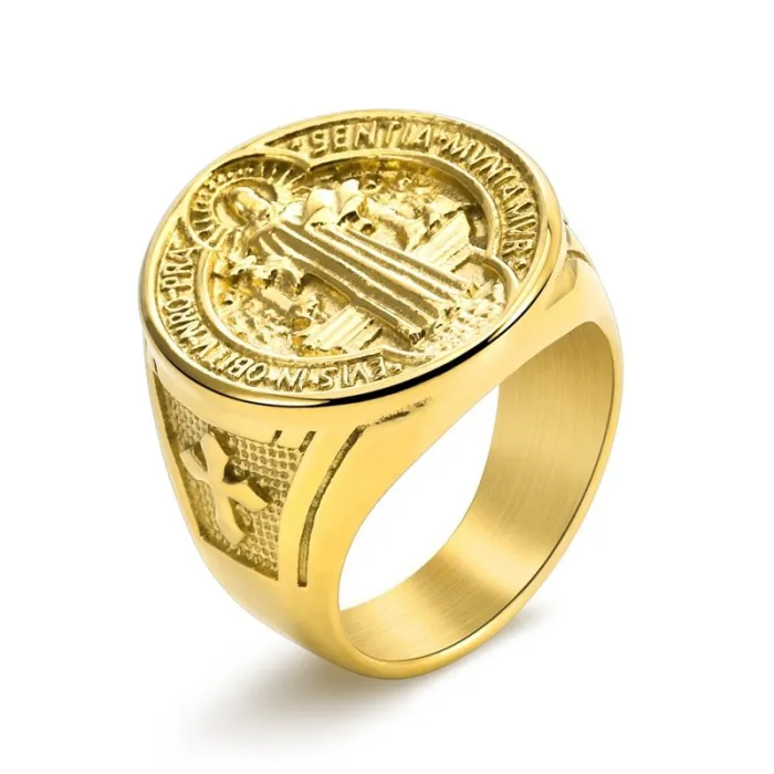 Wholesale Titanium Steel St. Benedict Cross Ring for Men | Gold Plated Hip Hop Jewelry Factory Price