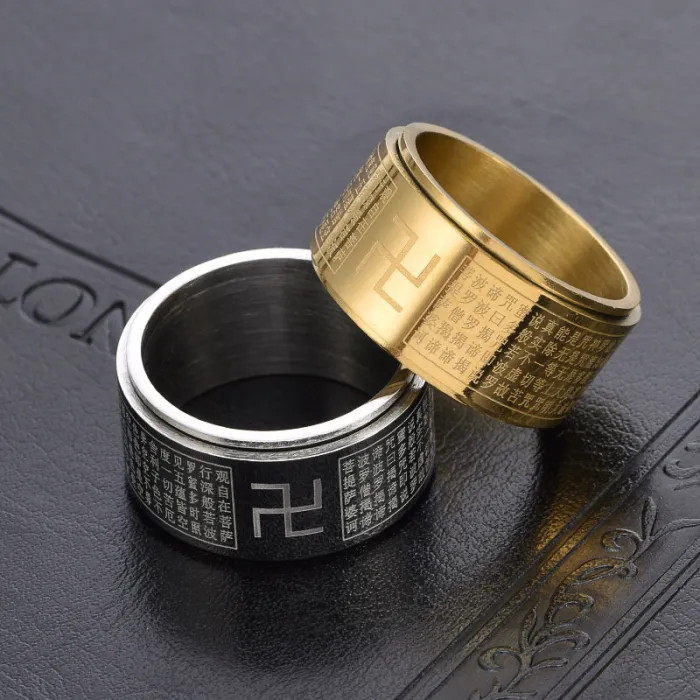 Wholesale Titanium Steel Swastika Heart Sutra Spinning Ring for Men | Bold Fashion Jewelry Factory Price