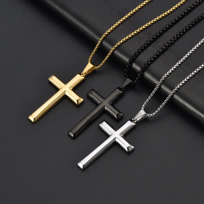 Titanium Steel Cross Pendant Necklace for Men | Polished Long Chain Creative Fashion Jewelry