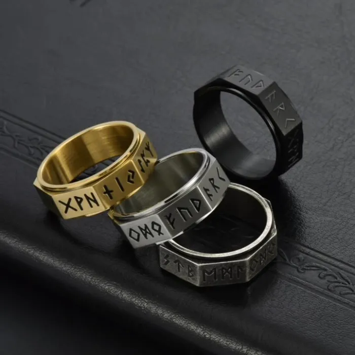 Nordic Viking Runes Spinner Ring for Men | Retro Octagonal Stainless Steel Jewelry