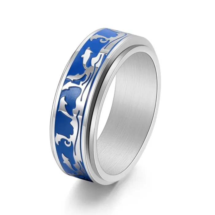 Ocean Dolphin Spinner Ring for Men | Sporty Titanium Steel Enamel Jewelry