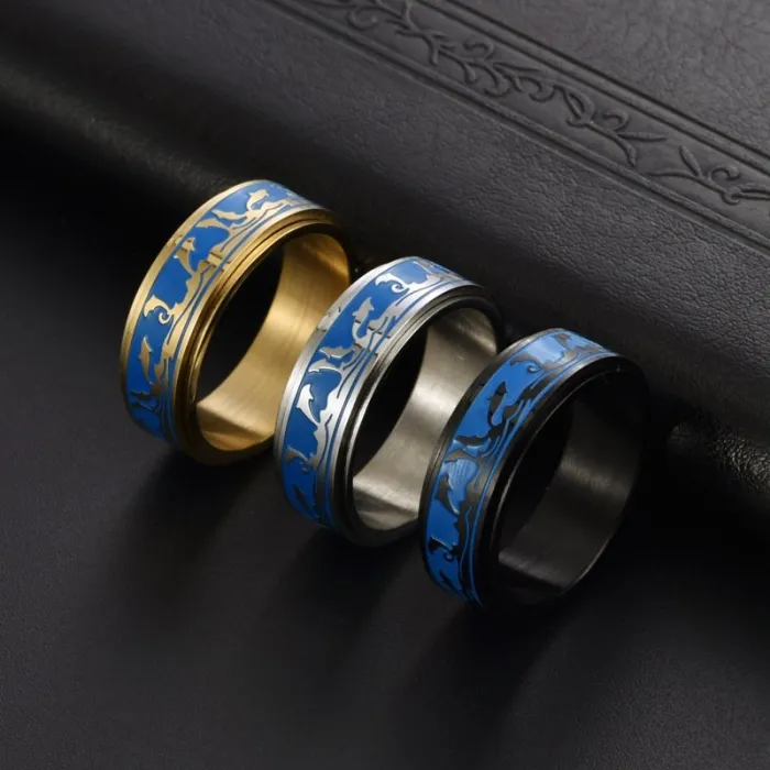 Ocean Dolphin Spinner Ring for Men | Sporty Titanium Steel Enamel Jewelry