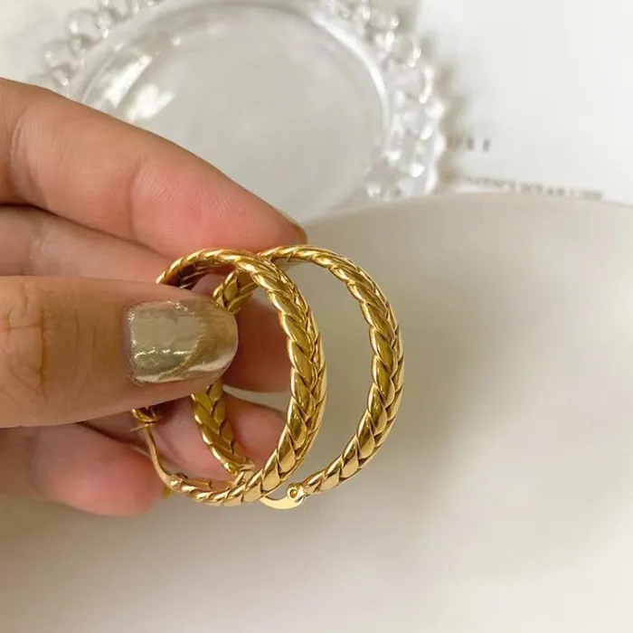 Wholesale 18K Gold Stainless Steel Hoop Earrings | Bulk Supplier & Factory Price Wheat Pattern Geometric Jewelry for Women