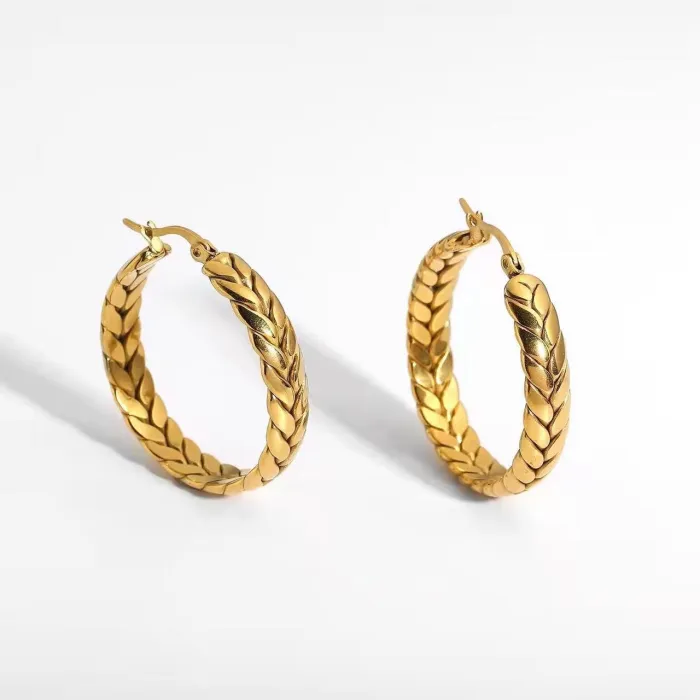 Wholesale 18K Gold Stainless Steel Hoop Earrings | Bulk Supplier & Factory Price Wheat Pattern Geometric Jewelry for Women