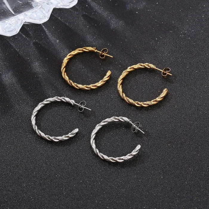 Wholesale Twisted C-Shaped Stainless Steel Earrings | Bulk Supplier & Factory Price Titanium Round Hoop Jewelry for Women