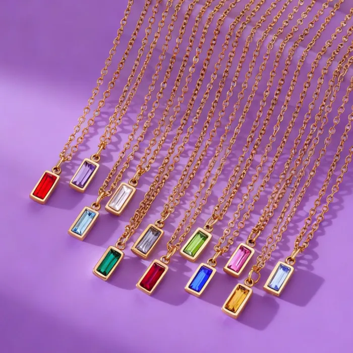 Wholesale Colorful Birthstone Pendant Necklace | Bulk Supplier & Factory Price Rectangle Zircon Titanium Steel Jewelry