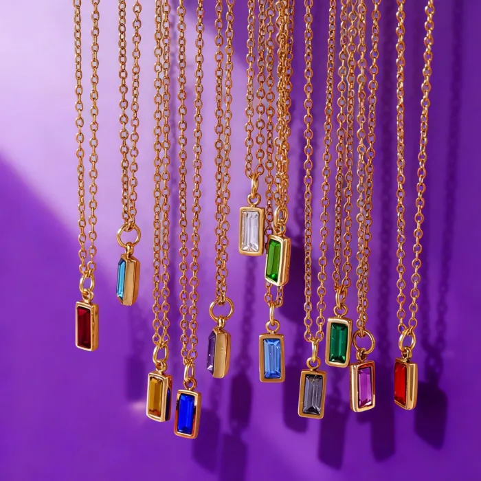 Wholesale Colorful Birthstone Pendant Necklace | Bulk Supplier & Factory Price Rectangle Zircon Titanium Steel Jewelry
