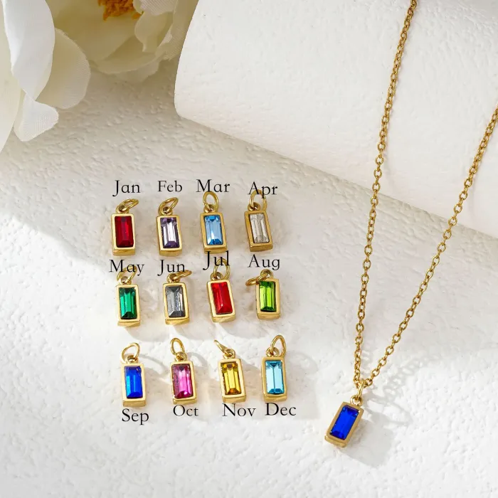Wholesale Colorful Birthstone Pendant Necklace | Bulk Supplier & Factory Price Rectangle Zircon Titanium Steel Jewelry
