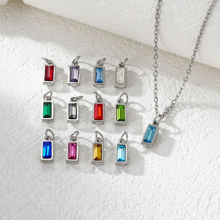 Wholesale Colorful Birthstone Pendant Necklace | Bulk Supplier & Factory Price Rectangle Zircon Titanium Steel Jewelry