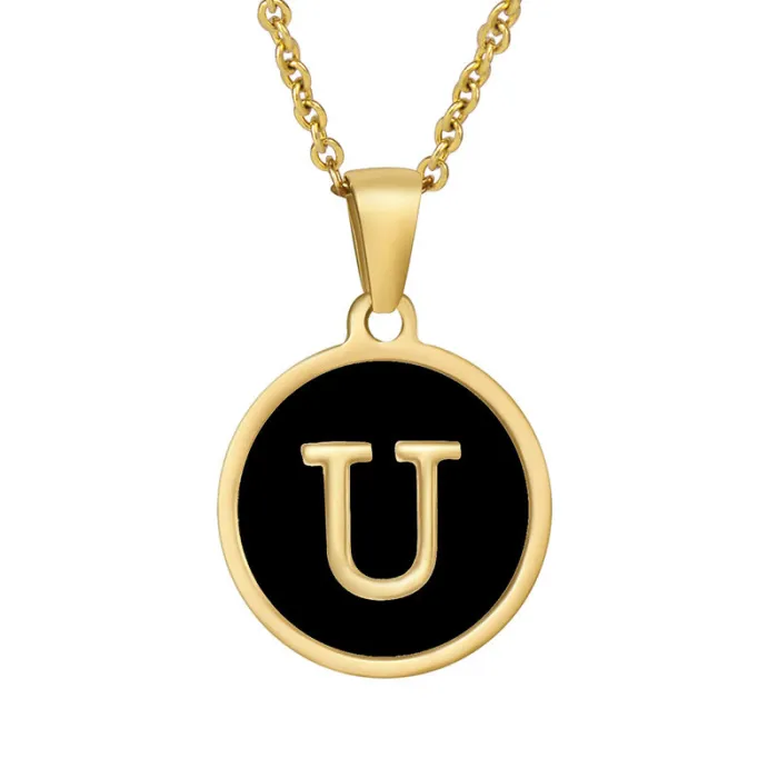 Wholesale 18K Gold Black Letter Pendant Necklace | Bulk Supplier & Factory Price Natural Shell Titanium Steel Jewelry