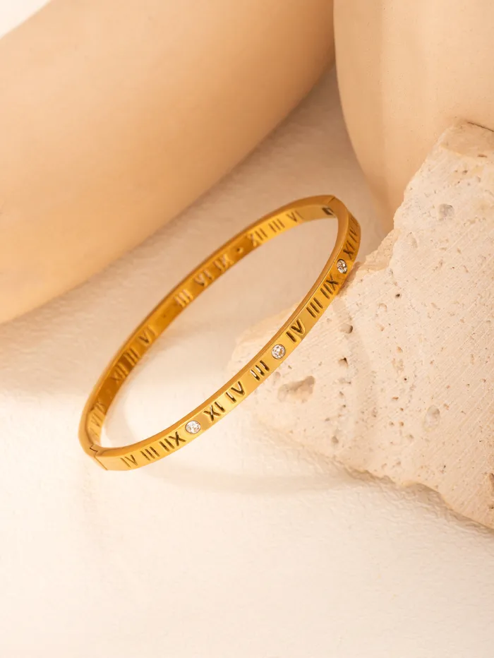 18K Gold Plated Titanium Steel Bangle | Sun and Moon Design Crystal Bracelet for Women