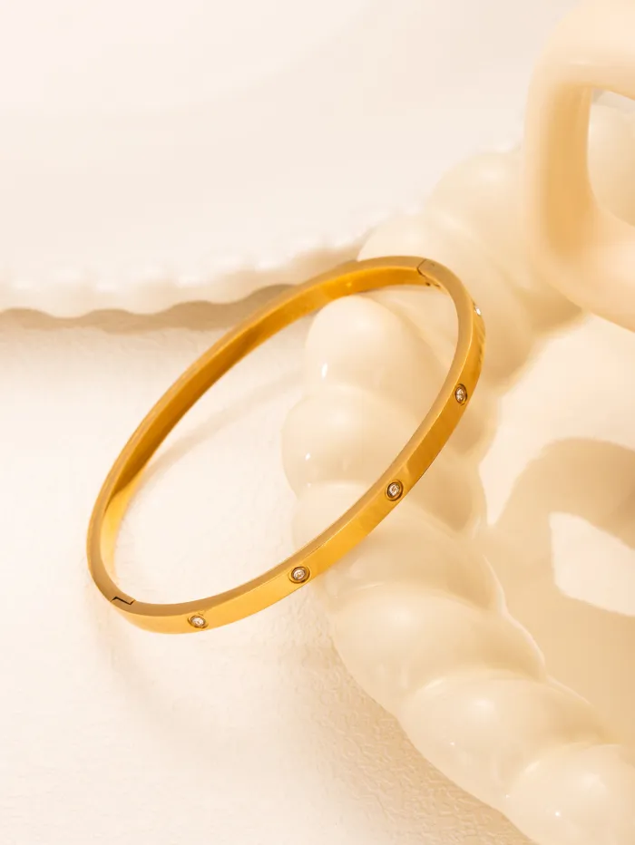 18K Gold Plated Titanium Steel Bangle | Sun and Moon Design Crystal Bracelet for Women