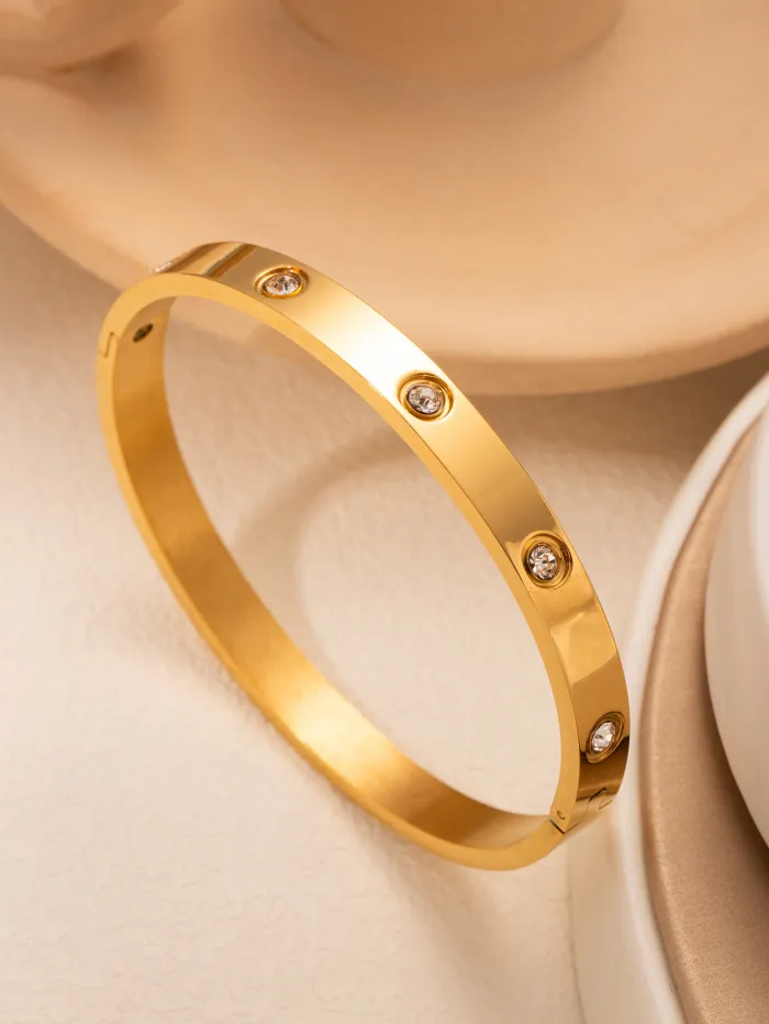 18K Gold Plated Titanium Steel Bangle | Sun and Moon Design Crystal Bracelet for Women