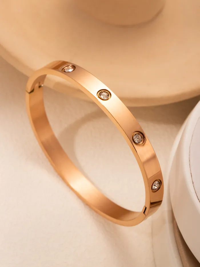 18K Gold Plated Titanium Steel Bangle | Sun and Moon Design Crystal Bracelet for Women
