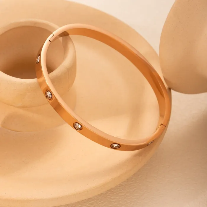 18K Gold Heart Crystal Bangle | Minimalist Titanium Steel Love Bracelet for Women