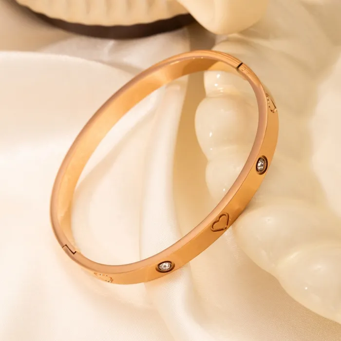 18K Gold Heart Crystal Bangle | Minimalist Titanium Steel Love Bracelet for Women