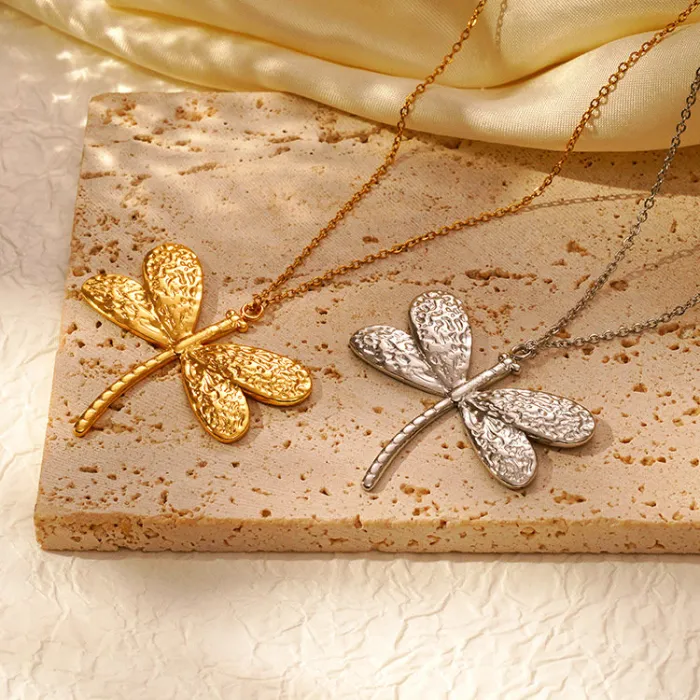 18K Gold Dragonfly Pendant Stainless Steel Necklace | Elegant Titanium Steel Chain for Women Wholesale
