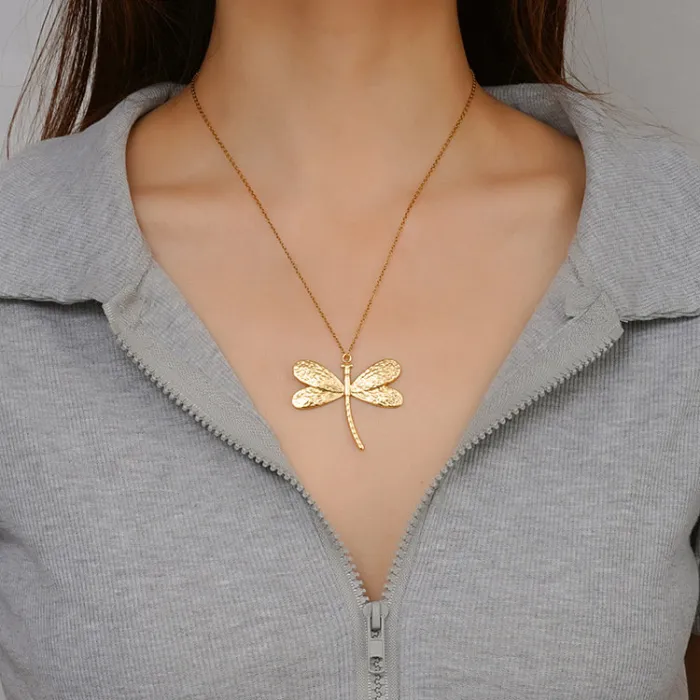 18K Gold Dragonfly Pendant Stainless Steel Necklace | Elegant Titanium Steel Chain for Women Wholesale