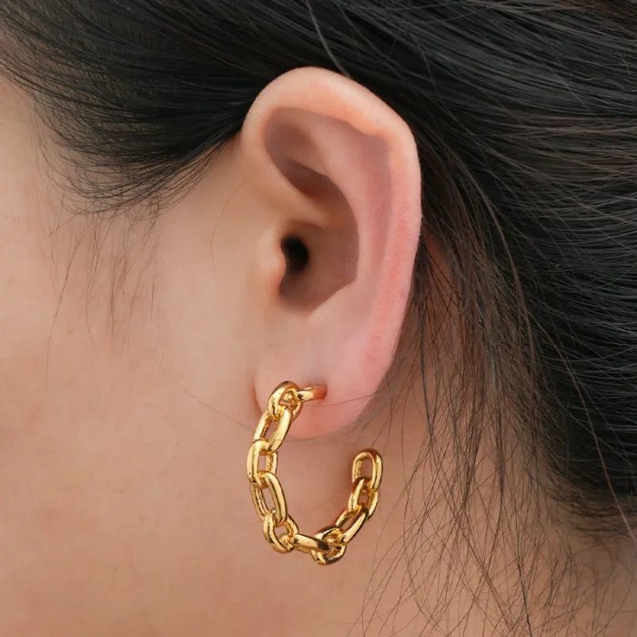18K Gold Plated C-Shaped Chain Stainless Steel Earrings | Trendy Luxury Style Jewelry Wholesale