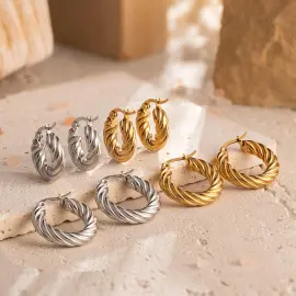 18K Gold Plated Twisted Hoop Earrings | Stainless Steel Braided Round Earrings Wholesale Supplier - Jewelryto