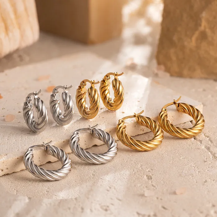 18K Gold Plated Twisted Hoop Earrings | Stainless Steel Braided Round Earrings Wholesale Supplier