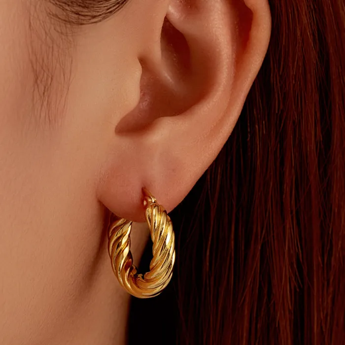18K Gold Plated Twisted Hoop Earrings | Stainless Steel Braided Round Earrings Wholesale Supplier