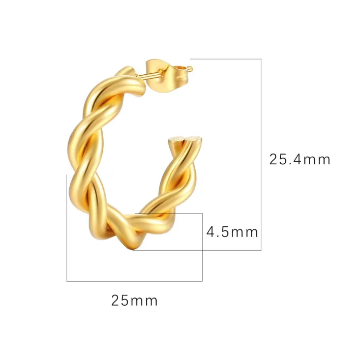 Gold Twisted C-Shaped Stainless Steel Earrings | Luxury Titanium Steel Hoop Jewelry Wholesale