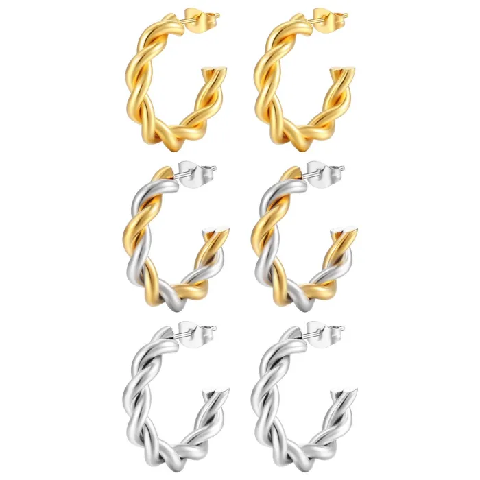 Gold Twisted C-Shaped Stainless Steel Earrings | Luxury Titanium Steel Hoop Jewelry Wholesale