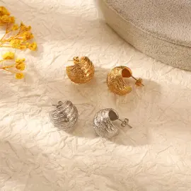 18K Gold Plated Hollow Half Hoop Earrings | Walnut Textured Titanium Steel Jewelry Wholesale - Jewelryto