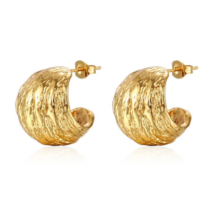 18K Gold Plated Hollow Half Hoop Earrings | Walnut Textured Titanium Steel Jewelry Wholesale