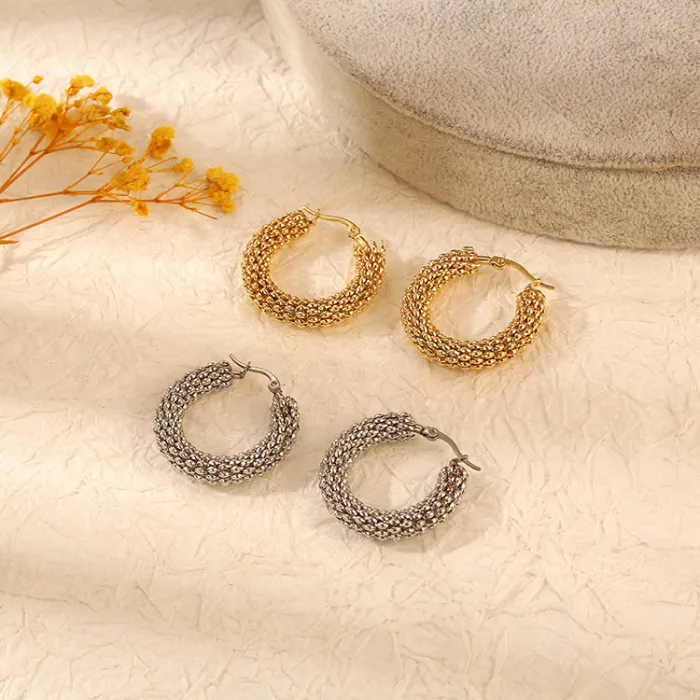  18K Gold Plated Corn Chain Hoop Earrings | Vintage Stainless Steel Statement Jewelry Wholesale