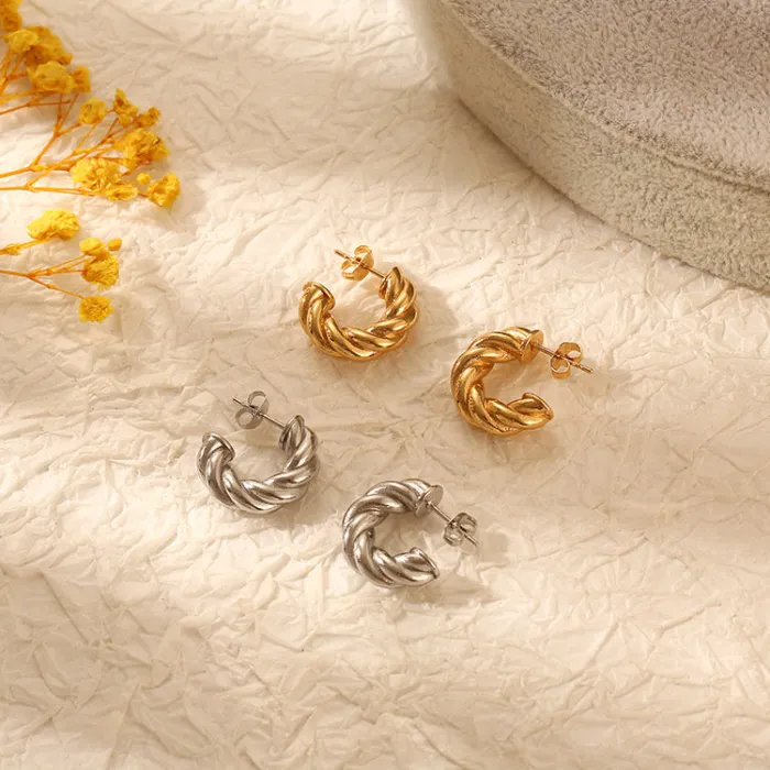 Twisted Braided Hoop Earrings Wholesale | Minimalist Stainless Steel Round Earrings for Women