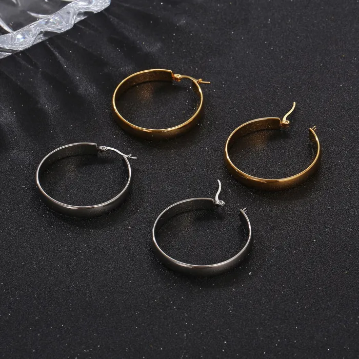 Polished Round Hoop Earrings Wholesale | Titanium Steel Glossy Stainless Steel Statement Jewelry for Women