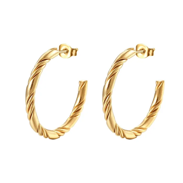 18K Gold Plated Twisted Hoop Earrings Set | Minimalist Titanium Steel C-Shaped Jewelry Wholesale