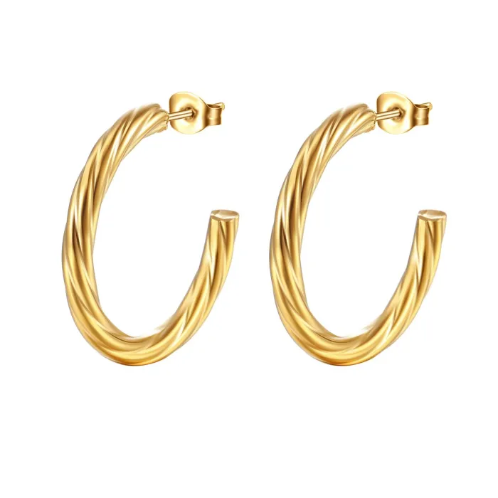 Chunky Twisted C-Shaped Stainless Steel Earrings | Trendy Titanium Steel Hoop Set for Women Wholesale
