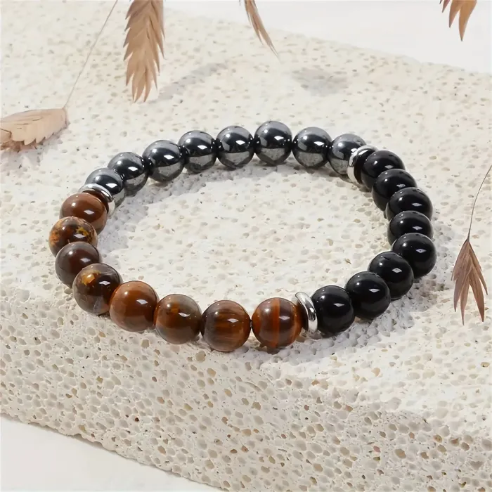 Tiger Eye & Obsidian Beaded Bracelet Wholesale | Natural Stone Elastic Stretch Bracelet for Men & Women
