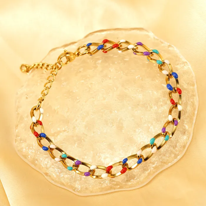 Gold-Tone Titanium Steel Color Drip Enamel Bracelet for Women | Fashion Chain Bracelet Wholesale
