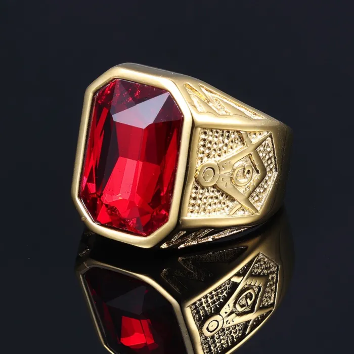 Wholesale Red, Blue, Green, Black Gemstone Rings | Stainless Steel Masonic Statement Rings | Bold Titanium Steel Rings for Men & Women