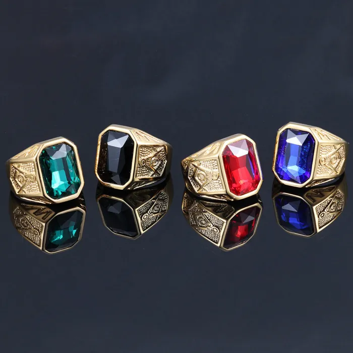Wholesale Red, Blue, Green, Black Gemstone Rings | Stainless Steel Masonic Statement Rings | Bold Titanium Steel Rings for Men & Women
