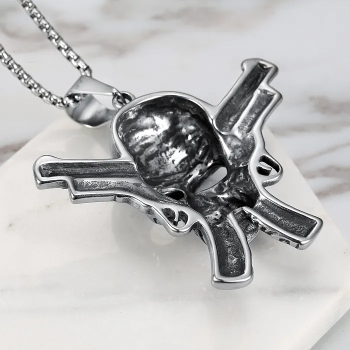 Popular European and American Style Pendant | 316 Stainless Steel Biker Skull Pendant | Dual Gun Skull Necklace for Men