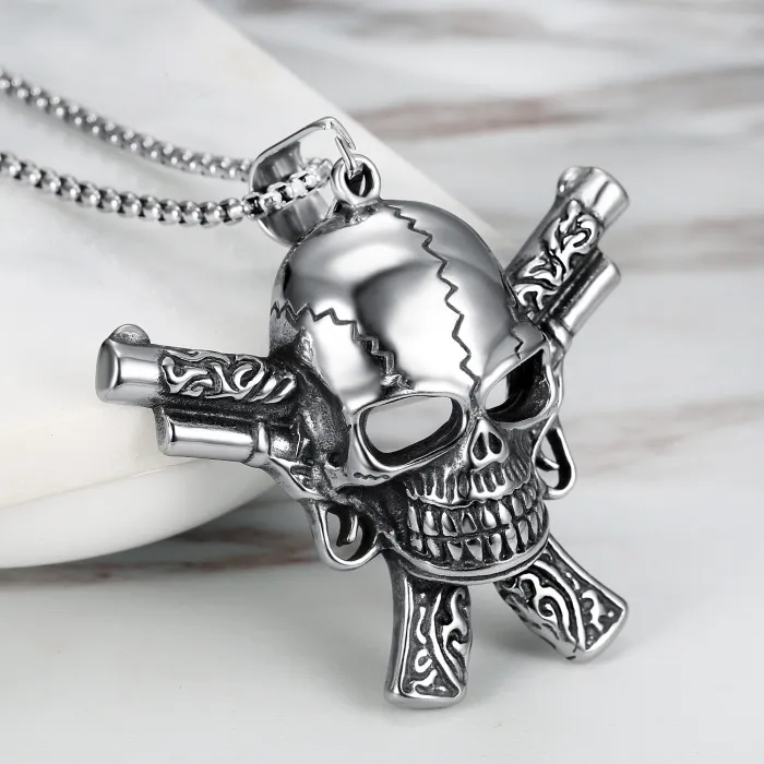 Popular European and American Style Pendant | 316 Stainless Steel Biker Skull Pendant | Dual Gun Skull Necklace for Men
