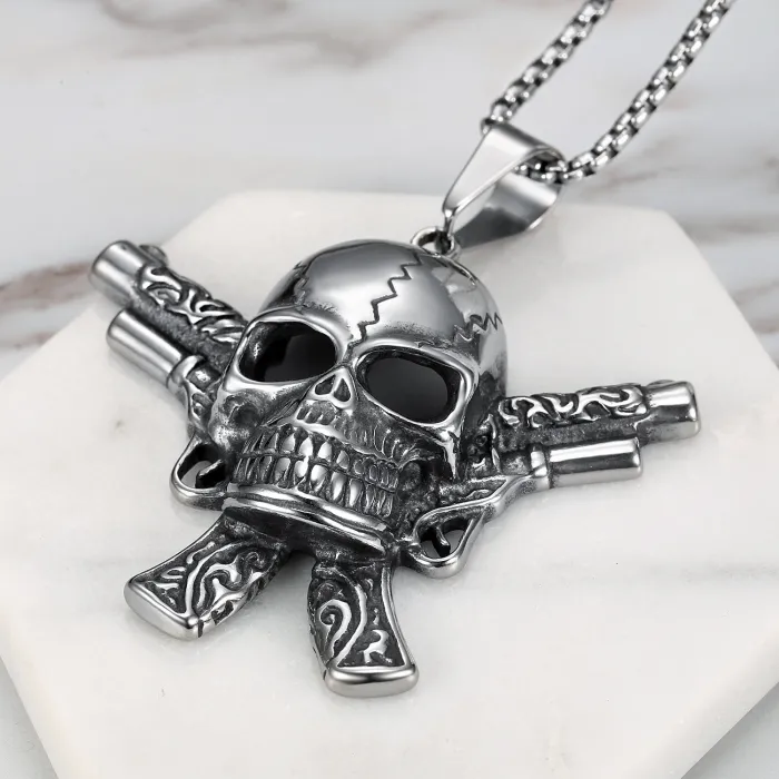 Popular European and American Style Pendant | 316 Stainless Steel Biker Skull Pendant | Dual Gun Skull Necklace for Men