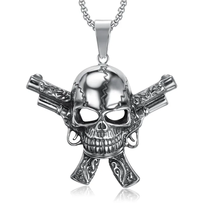 Popular European and American Style Pendant | 316 Stainless Steel Biker Skull Pendant | Dual Gun Skull Necklace for Men