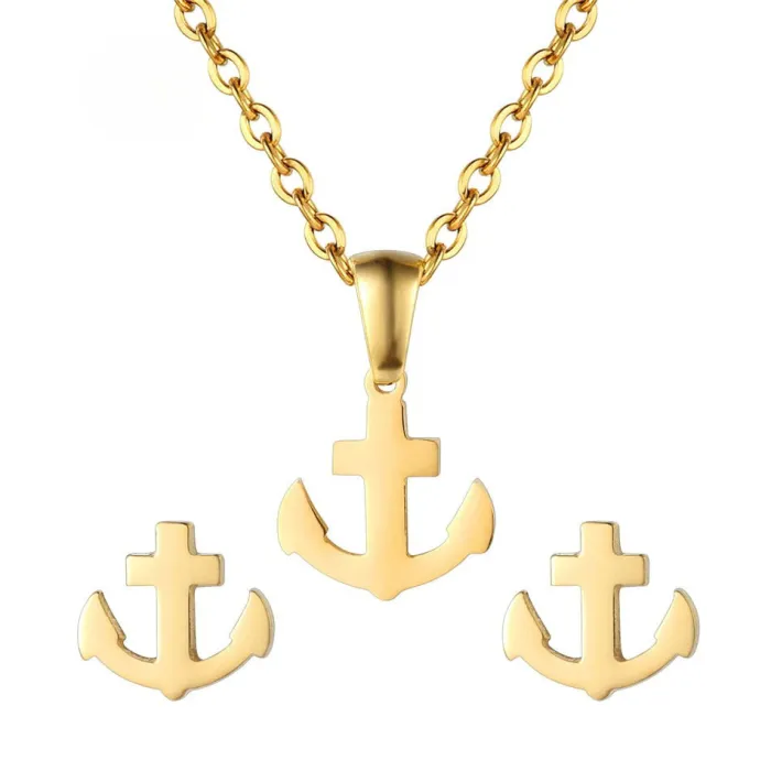 Gold Stainless Steel Jewelry Set | Ocean Anchor Chain Necklace & Stud Earrings | New Summer European & American Style for Girls